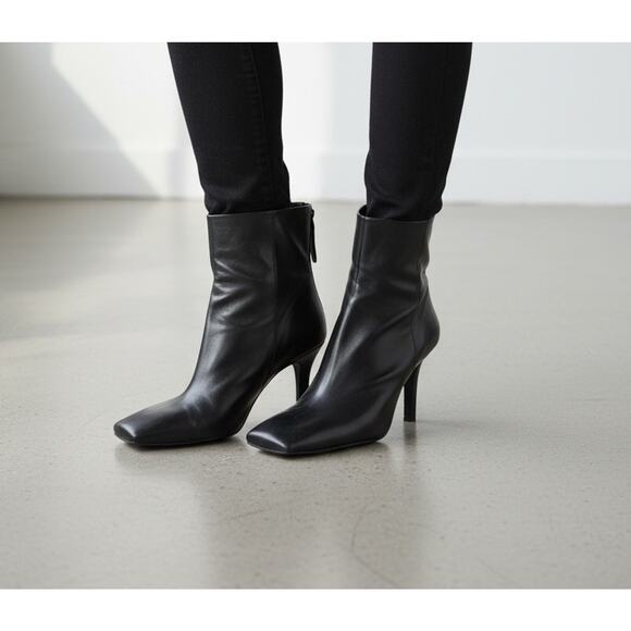 NWT Zara Black Leather Ankle Boots Square Toe Stiletto Heel EU 41 US 10 - Picture 1 of 12